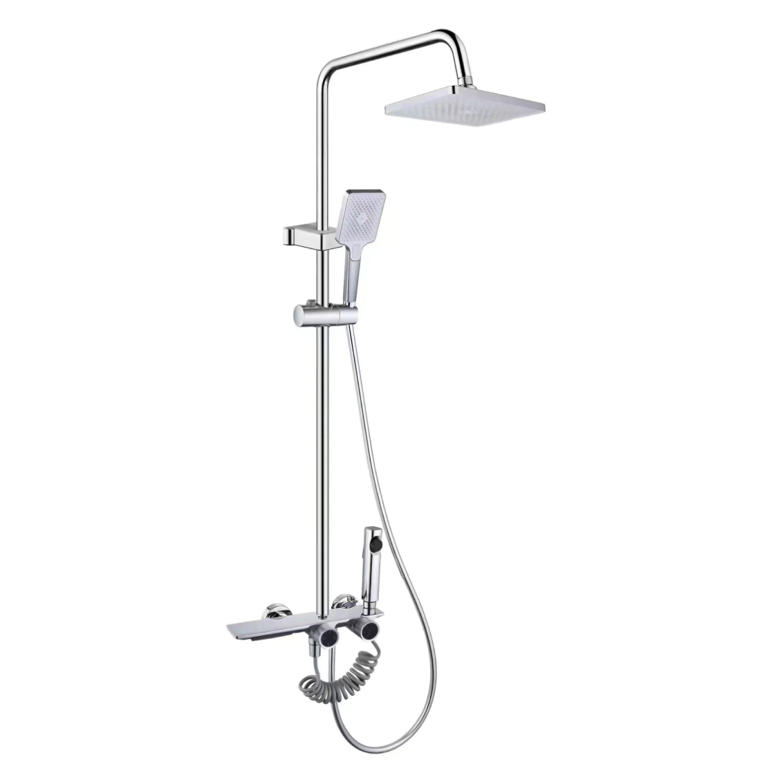 Set Cawod Glaw Sgwâr Chrome Disglair gyda Bygiau Deuol