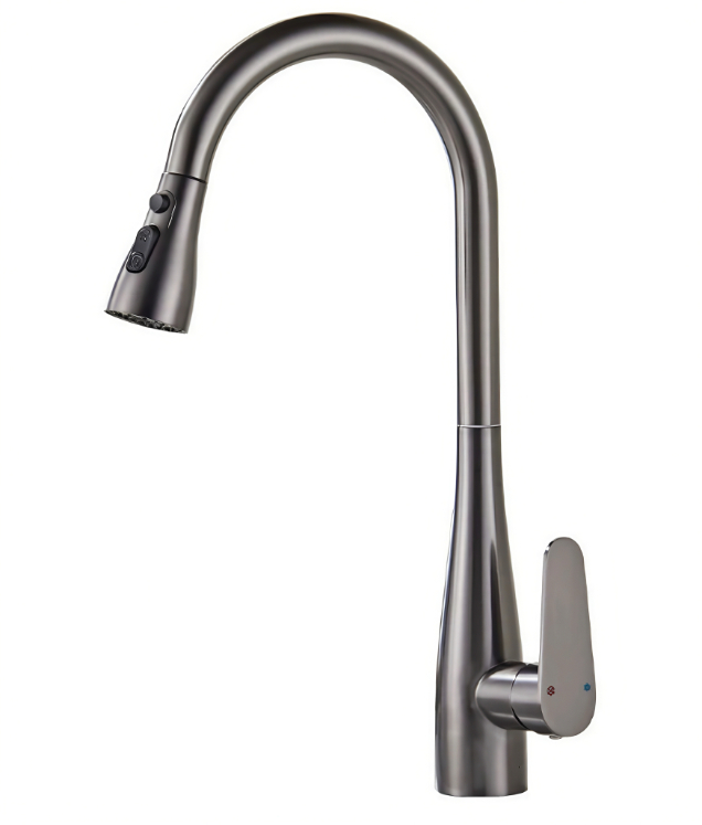 Gunmetal Grey High-Arc Gooseneck Poeth Ac Oer Ffawd Tynnu Allan Cegin