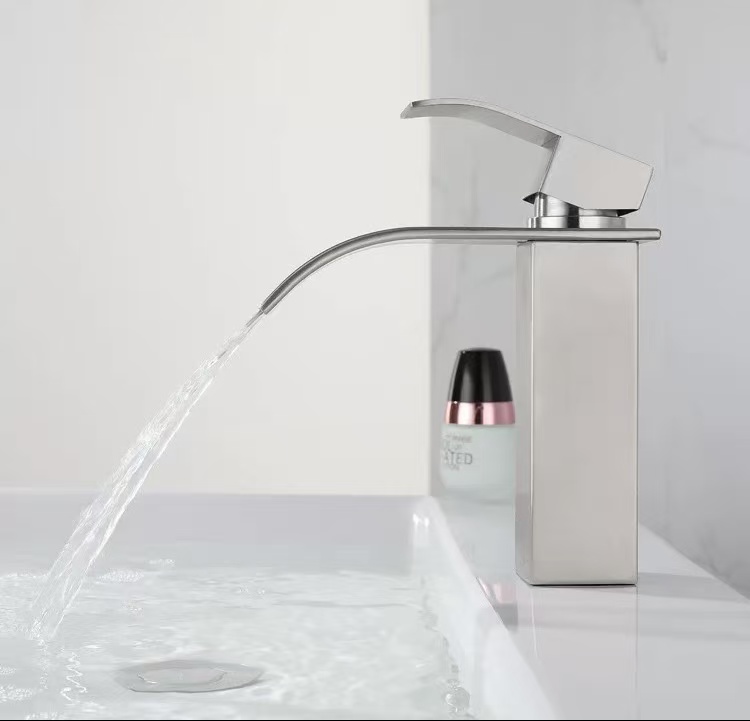 Brushed Square Waterfall-Style Washbasin Faucet